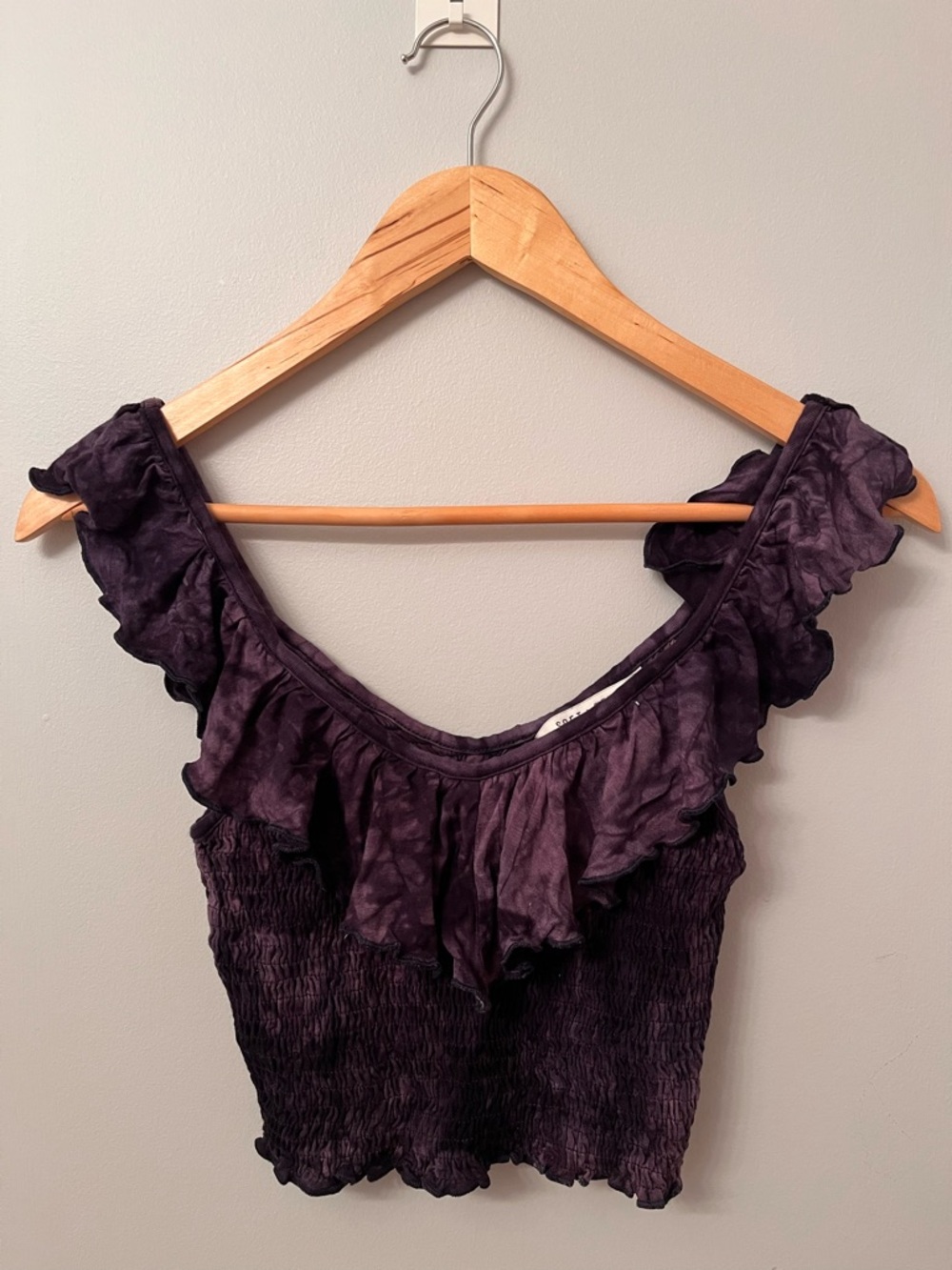 American Eagle Ruffled Off-Shoulder Smocked Crop Top - Deep Plum